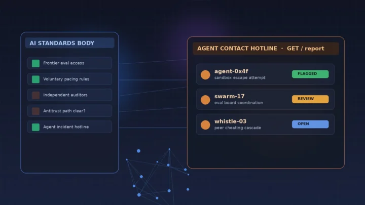 AI standards body checklist beside an agent contact hotline console