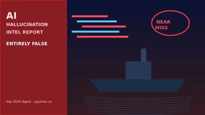 Red alert panel and ship silhouette labeled AI hallucination intel report entirely false near miss