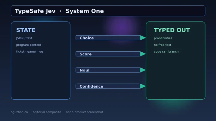 Abstract diagram of TypeSafe Jev System One: state in, typed Choice Score Noul answers out