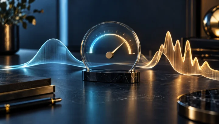 Editorial still: glass confidence gauge and probability ribbon on a dark navy desk, cyan and amber light — Jev calibrated confidence metaphor.