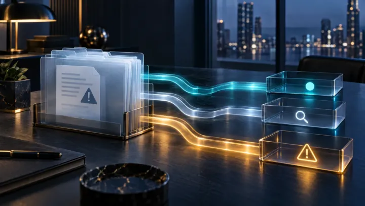 Editorial cover: glass incident folder with three abstract routing channels on a dark navy desk