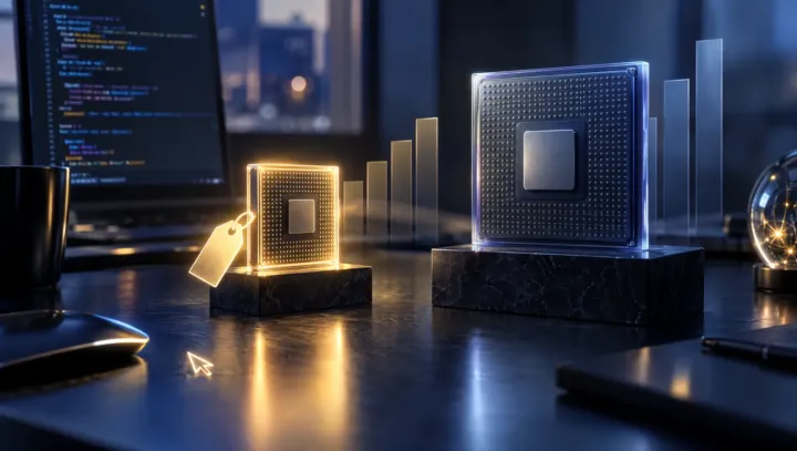 Abstract luminous AI chips racing on a dark desk with a gold price-tag silhouette