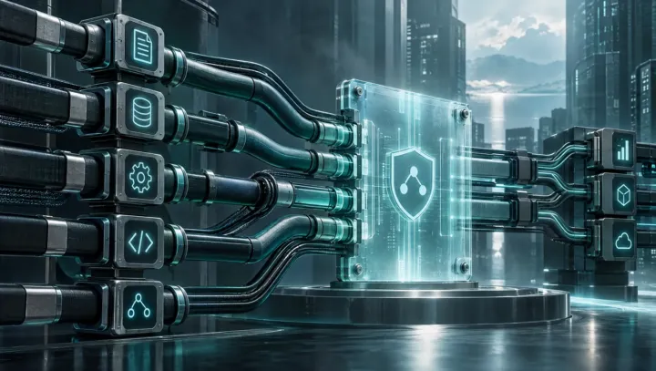 Abstract teal and graphite protocol conduits meeting a governance gate