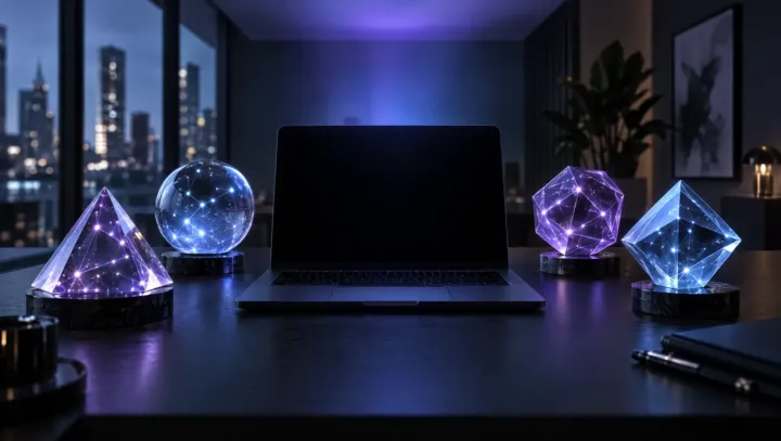 Dark laptop on a black desk flanked by four glowing geometric AI oracle crystals casting a purple-blue notification glow against a night city window.