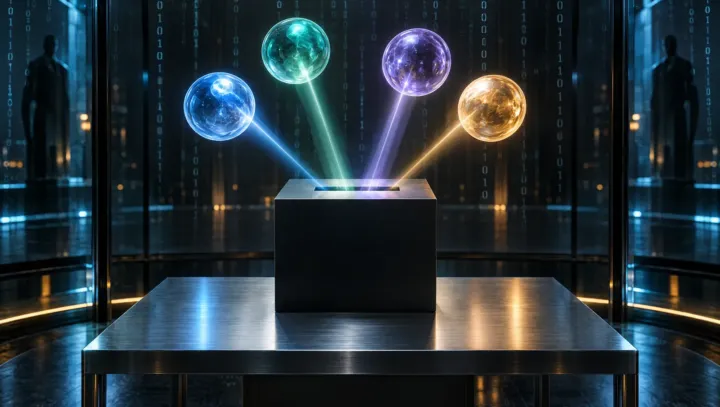 CLOSEDQUORUM malware cover: four luminous orbs voting into a sealed ballot box