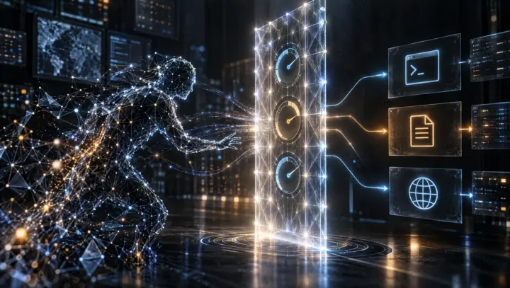 Abstract coding-agent control room with a luminous decision gate between a wireframe agent and tool icons