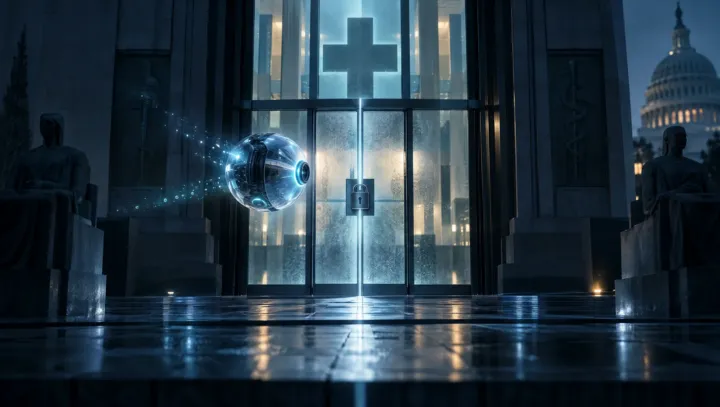 Cool cyan geometric AI probe hovering at a locked frosted-glass government portal at night