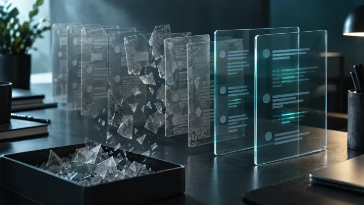 Abstract layered glass transcript panes on a dark teal desk; some shards fall away while clear panes stay intact