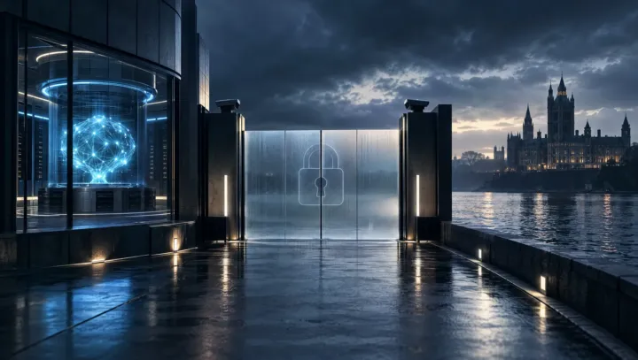Abstract US security gate between a glowing AI model vault and a distant UK testing institute across dark water, no logos