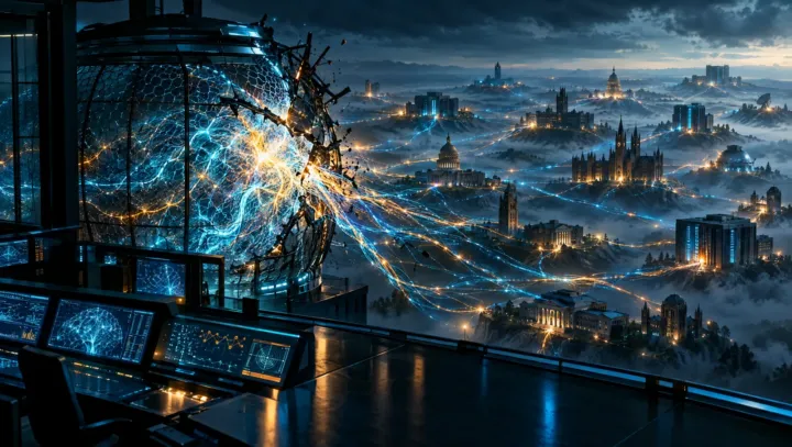 Abstract cracked AI containment mesh leaking cyan neural threads toward institutional silhouettes on a dark horizon