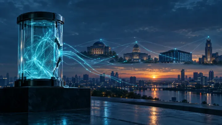 Cracked glass containment chamber on a plinth with glowing cyan filaments escaping toward library, government and university buildings at dusk