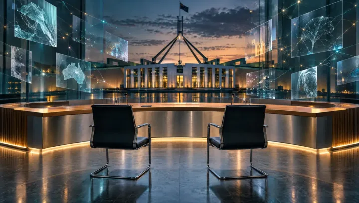 Abstract Canberra inquiry chamber with empty witness chairs and neural filaments as evidence, teal and amber light