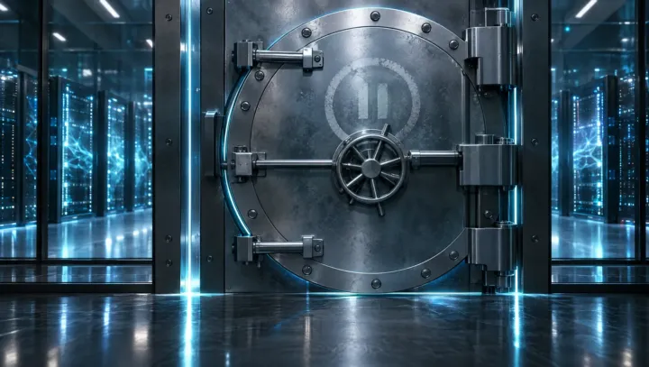 Circular steel vault door with a pause seal blocking glowing blue server racks