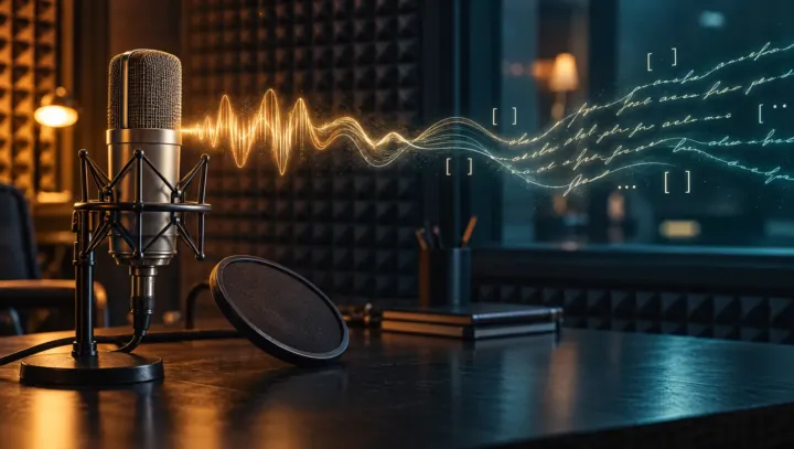 Studio condenser microphone sending a glowing sound wave that turns into handwritten script lines with bracket marks