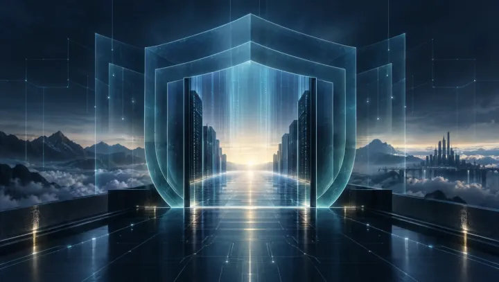 Abstract cyber-defense gate: a translucent blue shield portal opens onto a glowing horizon over a circuit-patterned platform.