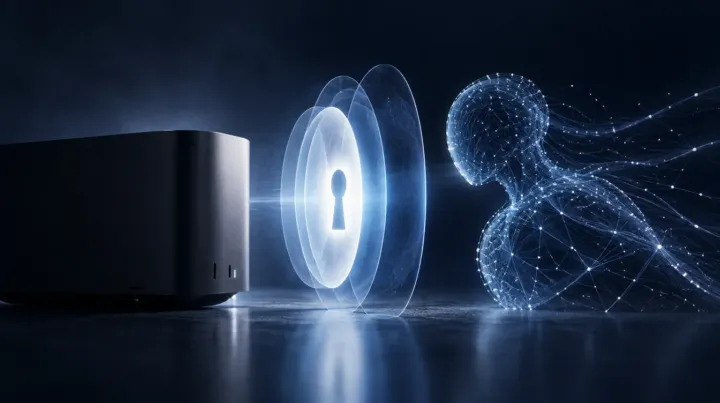 Dark Mac desktop computer facing a glowing layered keyhole shield with a wireframe AI agent figure on the other side