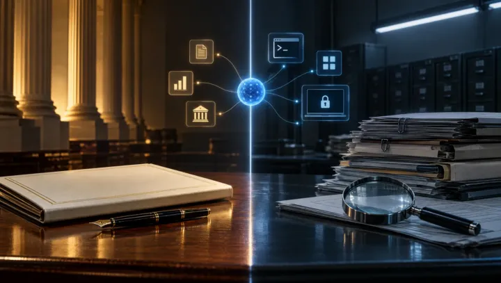 A signing folder under warm ceremonial light and a stack of case files under cold light, split by a glowing line, with an AI agent orb connecting to app, terminal and laptop permission icons