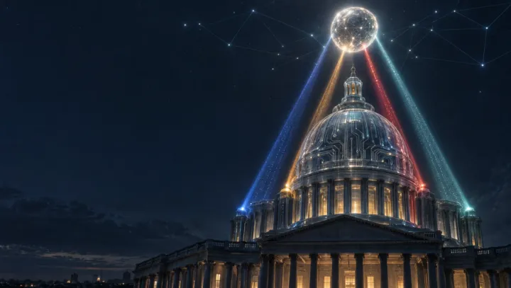 A neoclassical government dome etched with circuit lines at night, with four colored beams of light converging into a glowing sphere above it.
