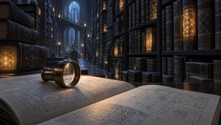 A dim library archive at night with towers of bound manuscripts, a few glowing with lattice lines, and a brass loupe resting on an open book of geometric diagrams