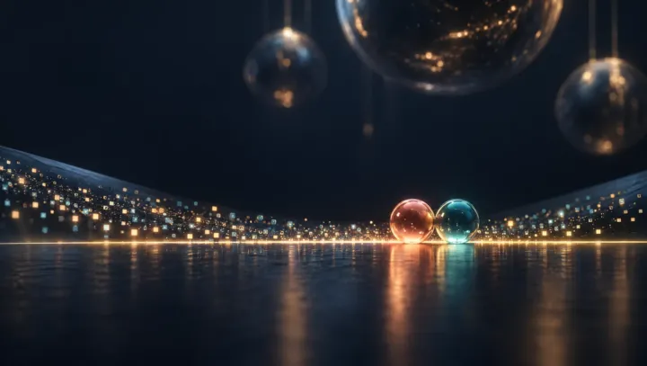 Two small glass orbs, one coral and one teal, resting side by side on a glowing amber line across a dark floor