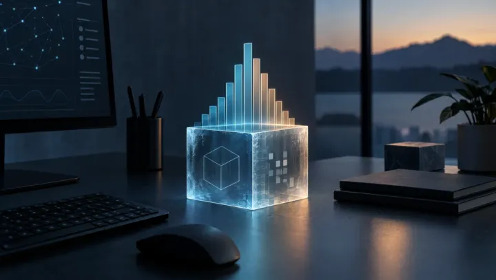 Abstract editorial still of a local decision layer: probability bars rising from an open-weight model cube on a dark