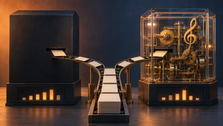 Two decision machines side by side, one sealed black box and one open glass case with gears, fed the same cards
