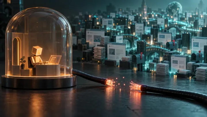 Small amber robot inside a glass test dome, the cable linking it to a glowing city of web pages lying cut on the floor