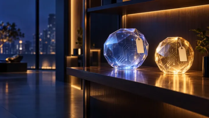 Two glowing translucent orbs with blank price tags on a dark shop shelf, lit in indigo and amber