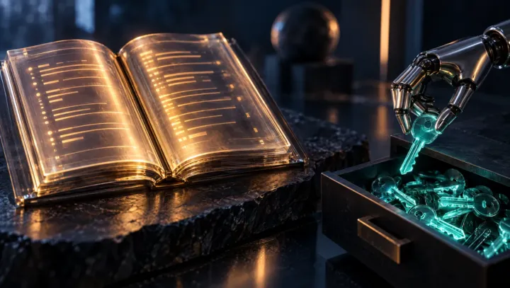 Glowing glass logbook open on dark stone beside a robot hand lifting a teal key from a drawer full of keys
