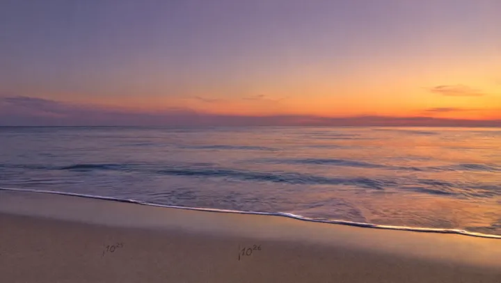A shoreline at dusk with two small compute marks, 10^25 and 10^26, drawn in the sand