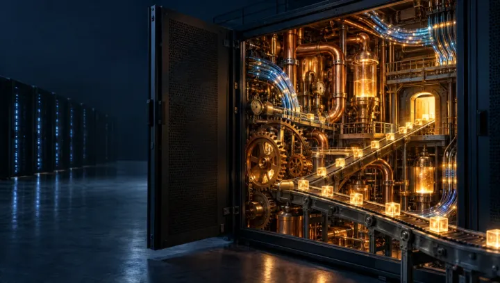 Server rack door swung open on a glowing copper engine room, conveyor belts carrying lit cubes through a dark data hall