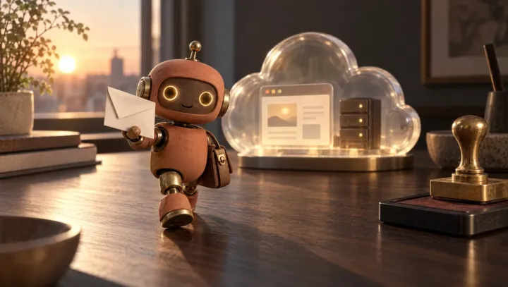 Small terracotta robot courier walking across a dark wooden surface at dawn with an envelope