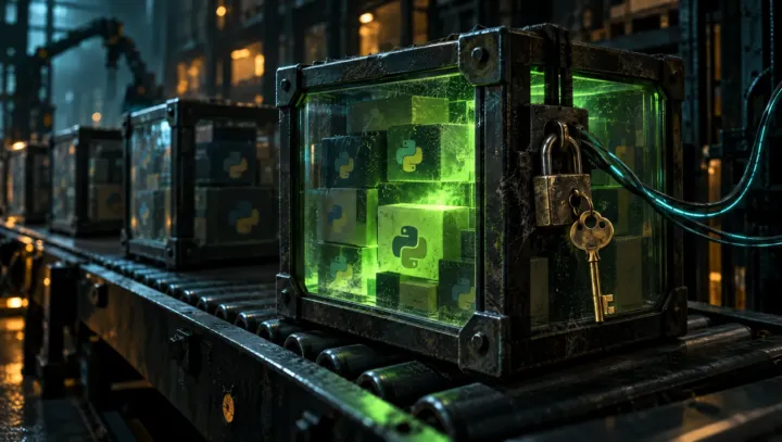 Glass crate of Python packages glowing toxic green on a dark conveyor, an old brass key still hanging from its padlock