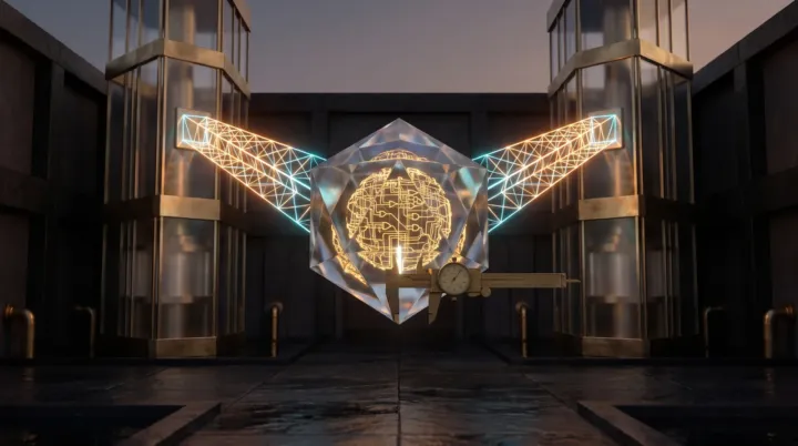 Two glass laboratory towers projecting amber and cyan light onto a central crystal measured by a brass dial caliper
