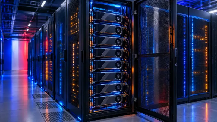 Open server rack with eight GPUs glowing blue and orange in a European data center
