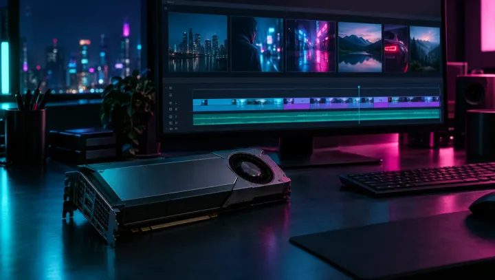 Night editing desk with a data-center GPU card next to a monitor showing a video timeline