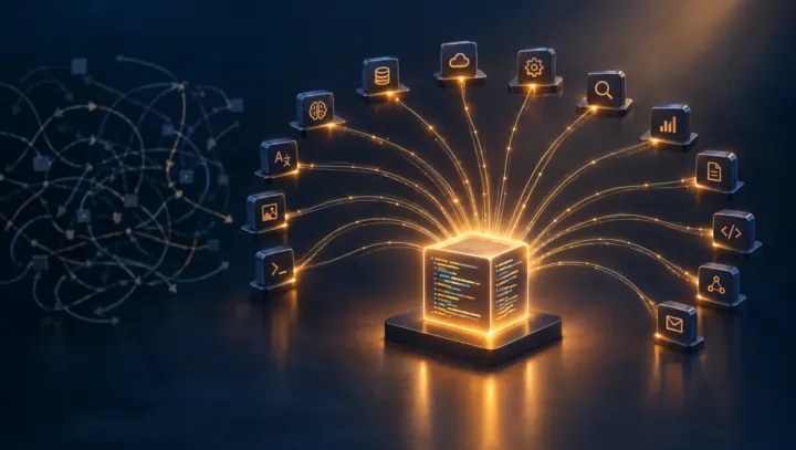 A glowing code block fanning light threads out to a ring of tool icons, a tangle of arrows fading behind